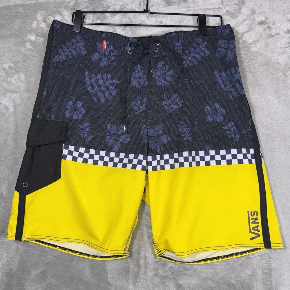 Vans Off the Wall Men's Board Shorts Blue Floral Checkered Yellow Surfer 32
